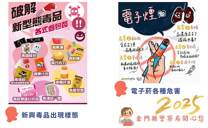 暑假期間青少年外出活動頻繁,縣警局提醒民眾務必提防新興毒品偽裝陷阱,避免誤觸毒品陷阱。(縣警局提供)