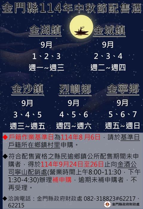 金門縣114年中秋節配售酒9月1日開跑，縣府提醒民眾依各村里配售點洽購，而設籍及工作認證須把握期限。（縣府財政處提供）