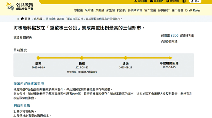 核能議題在公投結束後持續被熱烈討論中。(翻攝自公共政策網路參與平臺)