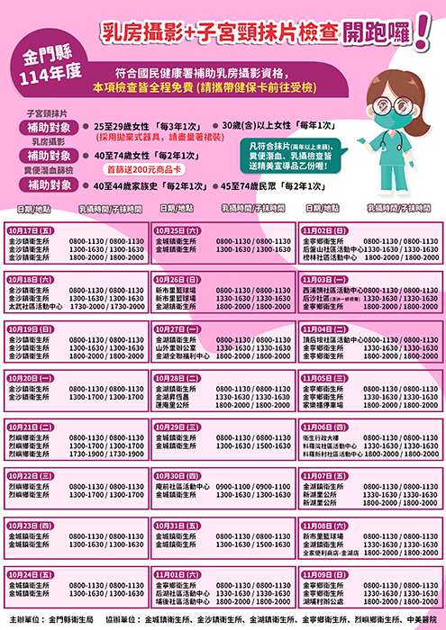 今(114)年度第二梯次乳房攝影、子宮頸抹片暨糞便潛血檢查巡迴篩檢活動期程。(衛生局提供)