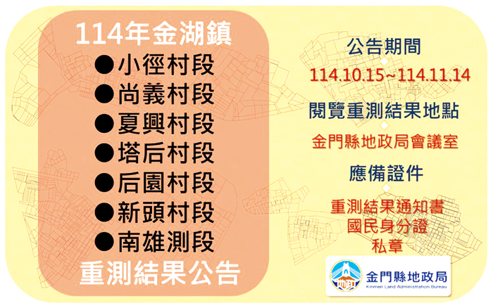 金門縣114年度地籍圖重測結果已公告。(地政局提供)