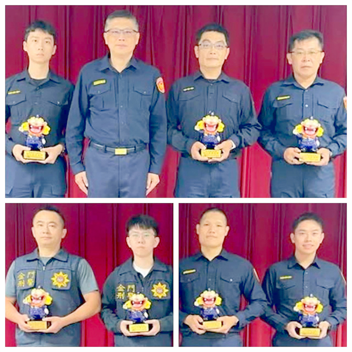縣警局局長黃壬聰（上圖左二）頒贈「警察風獅爺」給好人好事楷模。（縣警局提供）