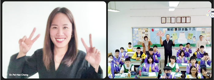 金湖國中辦理海外校友訪談，邀請來自世界各地的校友透過實體、線上或非同步方式，與同學分享求學故事、工作經驗與生命思維。（金湖國中提供）