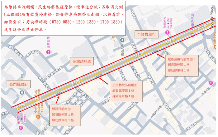 民生路全路段恢復快慢車道分流，並同步調整停車管理。（縣府提供）
