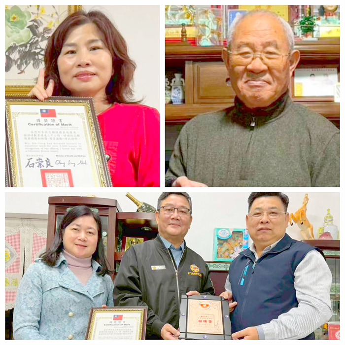 吳思彤（左上）、蔡昭德（右上）、蔡承坤（下右）獲頒「志願服務銅牌獎」獎牌。（榮服處提供）