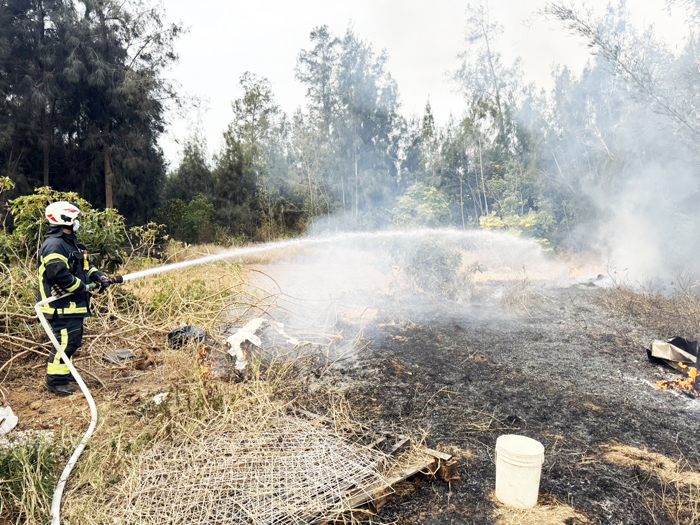 金寧鄉大學路附近發生雜草火災，消防人員順利撲滅。（消防局提供）