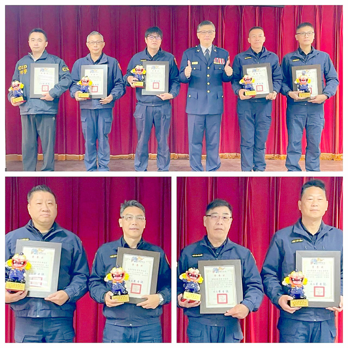 表揚員警好人好事楷模，局長黃壬聰（上，右三）頒贈榮譽狀及警察風獅爺公仔。（縣警局提供）