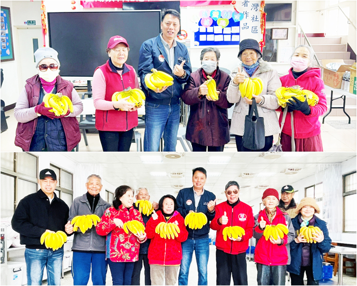 金湖鎮民代表會主席蔡乃靖慰問料羅灣社區發展協會及信義新村社區關懷據點。（金湖鎮民代表會提供）