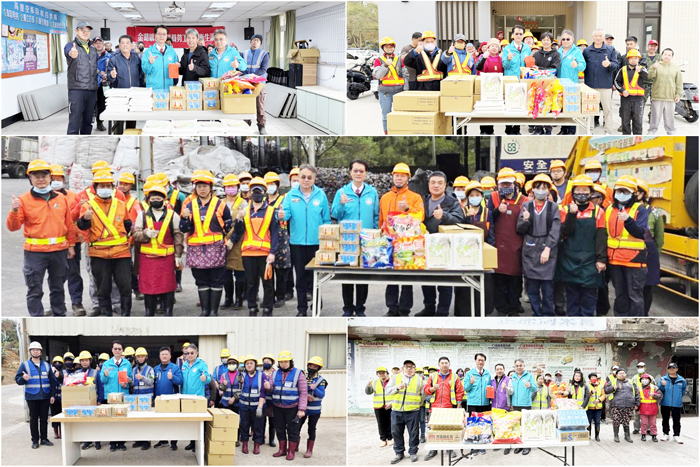 春節前夕慰勞列車，感謝金湖鎮（左上）、金沙鎮（右上）、金城鎮（中）、金寧鄉（左下）、烈嶼鄉（右下）公所清潔隊員。
（許峻魁攝／環保局提供）