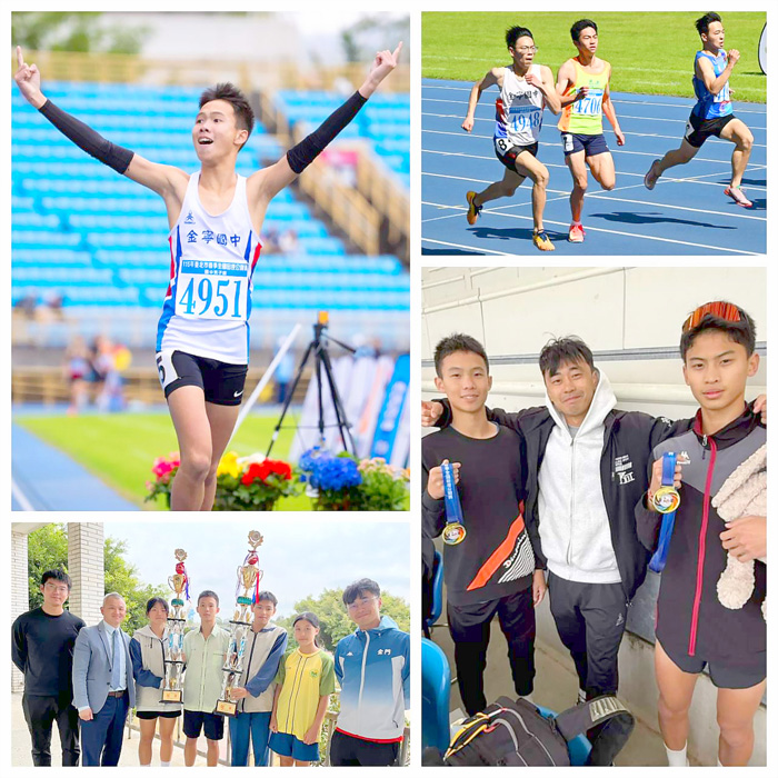 左上、莊允翔在國男1500公尺奪金。（林小馬攝）；右上、方聖崴（左一）獲400公尺決賽第三名。（許仲宇提供）；左下、金寧中小學田徑隊屢獲佳績。（高凡淳攝）；右下、許仲宇（中）陪孩子征服全國田徑賽事。（許仲宇提供）