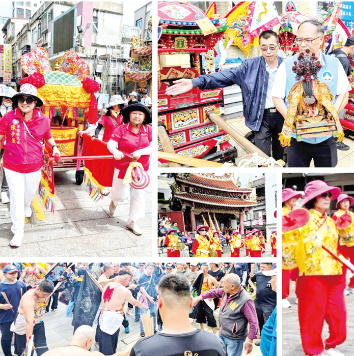 左上、媽祖鑾轎；右上、副縣長將蘇府王爺神像請入轎中；中、左下、右下：遶境陣頭。（許峻魁攝）