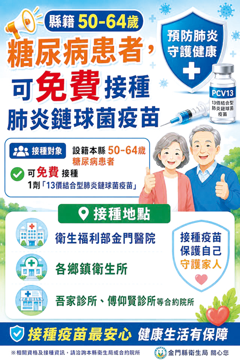 縣籍糖尿病患者可免費接種肺炎鏈球菌疫苗。（衛生局提供）