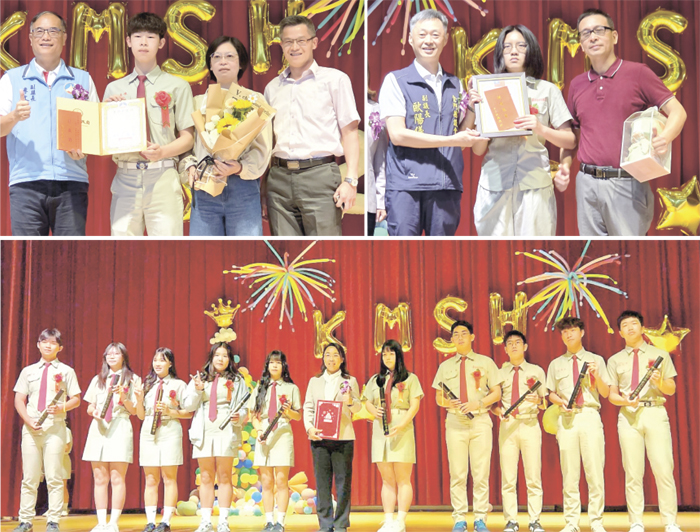左上、副縣長李文良（左一）代表頒發縣長獎；右上、副議長歐陽儀雄（左一）代表頒發議長獎。（許峻魁攝）；下、校長鄭青青（左六）頒發畢業證書給畢業班代表。（金門高中提供）