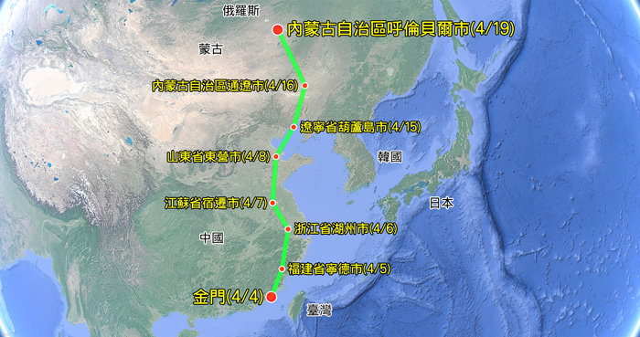 短耳鴞北返遷徙路徑。
（金管處提供）