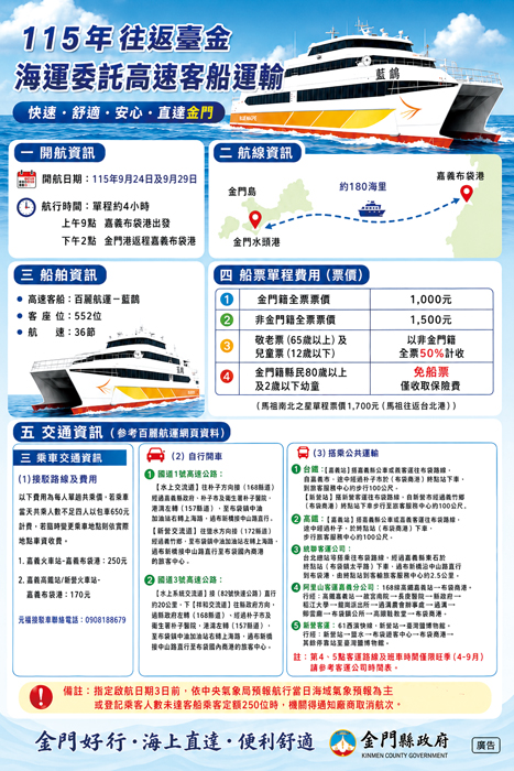金門縣政府規劃於今年中秋節前啟動「中秋假期臺金海上客運直航專案」。（觀光處提供）