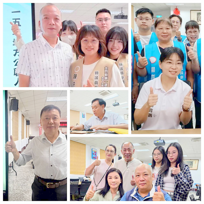 縣長選舉，張火木（中）完成登記。議員選舉，陳泱瑚（左上）、楊育菡（右上）、陳錦偉（右下）、傅蒼松（左下）完成登記。（民眾提供）