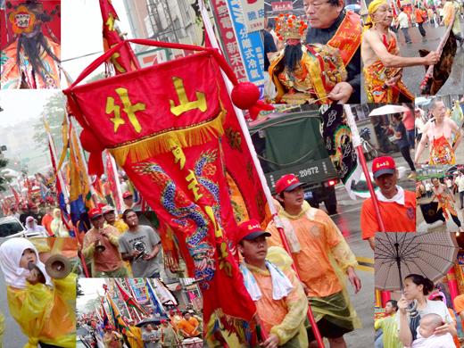   山外村「英武山岩」廟昨天和前天有廟會活動，圖為出社遶境鎮方的情形。廟中奉祀的林府王爺（左上）被認為是孔子的弟子林放。（張建騰攝）