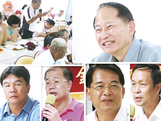   退輔會主委董翔龍（右上）昨天在金門主持103年度與民有約榮民代表懇談會；與會者有金門縣長李沃士（下，左二）、金門醫院院長王必勝（下，左一）、退輔會服務照顧處處長林高智（下，右二）、金門榮民服務處處長李鐵和（下，右一）。 （張建騰攝）