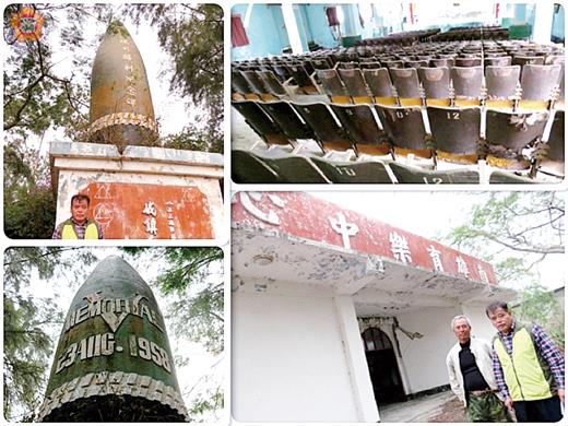   「金南文康中心」（南雄育樂中心）（右下）昔有八景，「勝利雄碑」（左上、左下）是「台海戰爭第一回合勝利的標誌」；「雄獅（南雄）戲院」（右上）則是「沙漠中的一朵玫瑰」。（張建騰攝）