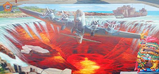   「精彩3D藝起金門」立體畫創作藝術節二十一日開幕，由台灣知名3D立體創作畫家魏榮欣所繪的大型立體畫已登金門， 鼓勵民眾多欣賞立體畫作，活動期間推出多項活動，依各展場辦理活動日期，憑活動DM可贈換「3D立體資料夾」（數量有限送完為止）。（陳麗妤攝）