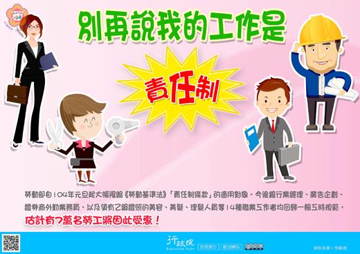 　　勞動基準法責任制條款自元旦起大幅縮減，十四種職業工作者回歸「勞動基準法」一般工時規範。
（摘自金門縣政府全球資訊網）