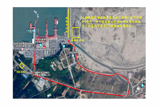 烈嶼通勤專區停車位有限，有長期需求者可停放水頭港警所對面及新港區西堤一側（圖中黃框）。（許峻魁攝）