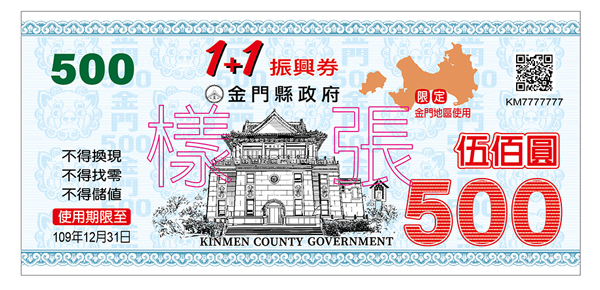 民眾只要拿2千元就可以換取8張面額500元,價值新台幣4千元的1+1振興券。(縣府建設處提供)