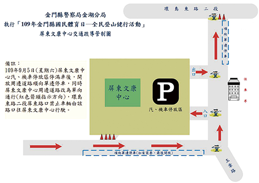 9月5日國民體育日，屏東文康中心周遭暨太武山公墓一帶及太武山圓環路口規劃停車空間，屏東文康中心附近路段並實施單向通車管制，請民眾依指示停車。（金湖警分局提供）