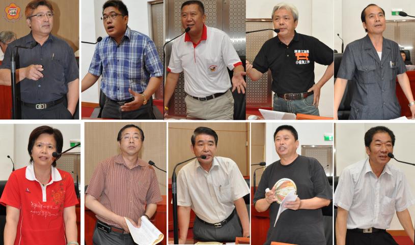   縣議會定期會昨日進行衛生局、環保局業務報告：（圖上由左至右）議員蔡水游、周子傑、楊應雄、陳滄江、林金量；（圖下由左至右）議員許華玉、謝東龍、林孫全、楊永立、蔡春生先後針對民眾關心的議題提出質詢。（莊煥寧攝）
