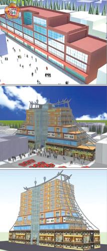 上、新市里舊菜市場重建的規劃方案之一是五層樓建築；中、規劃方案之二是七層樓建築；下、規劃方案之三是十層樓建築。（金湖鎮公所提供）